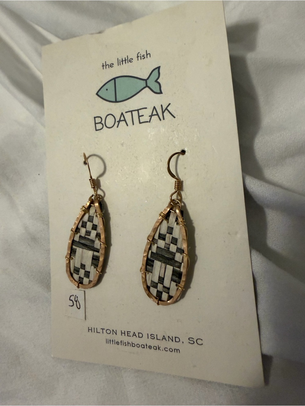 Boat Gold-Tone Teardrop Earrings with Gray & White Woven Inlay